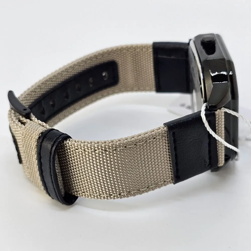Men's Watch 42MM Black Case Black Dial Date‎ Black Tan Canvas Band Straps